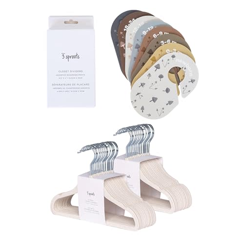 3 Sprouts Closet Dividers & Hangers Bundle - 8 Baby Size Dividers (Mushroom) and 30 Velvet Hangers for Baby Clothes (Cream)
