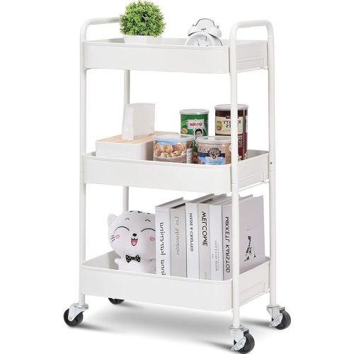 TOOLF 3-Tier Rolling Cart, Metal Utility Cart with Lockable Wheels, Storage Craft Art Cart Trolley Organizer Serving Cart Easy Assembly for Office, Bathroom, Kitchen, Kids' Room, Classroom (White)