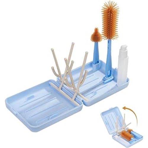Travel Bottle Brush with Portable Bottle Drying Rack, Baby Bottle Brush for Baby Travel Essential, Blue