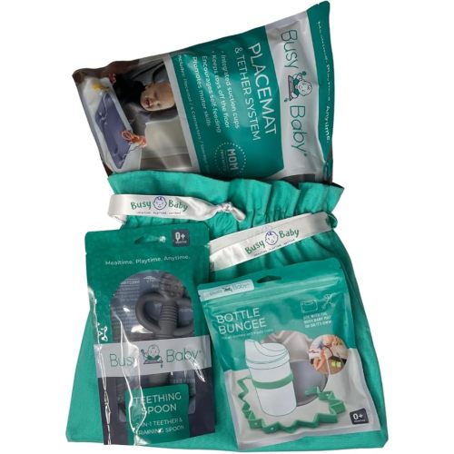 Busy Baby Gift Set - Includes 1 Busy Baby Mat 1 - Bottle Bungee 1- Teething Spoon and 4 Universal Bungee Straps in a Gift Bag, Keeps Baby Essentials Within Reach (Pewter)