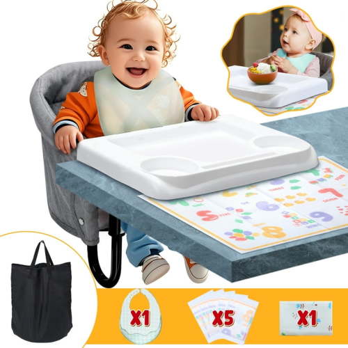 WonderStone Hook On Chair, Portable High Chair with Tray, Storage Bag & Free Accessories, Clip-On Table Chair for Baby and Toddler, Ideal for Home and Travel, Gray