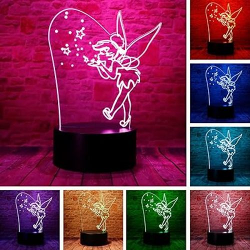 Magic Elf Tinker Bell Miss Bell Rare Peter Pan Snowflake Tinkerbell Anime Character 3D LED Bedroom Decor Sleep Table Lamp with Remote 7 Colors Visual Night Light Birthday Christmas Gifts for Kids