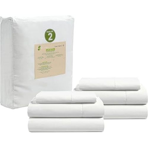 LANE LINEN 100% Organic Cotton Twin Sheets Set, 6Pc Twin Bed Sheets, Breathable Cotton Sheets Twin Size Bed Set, Dorm Room Essentials with 15" Deep Pocket Fitted Sheet - White Twin Sheets (2 Pack)