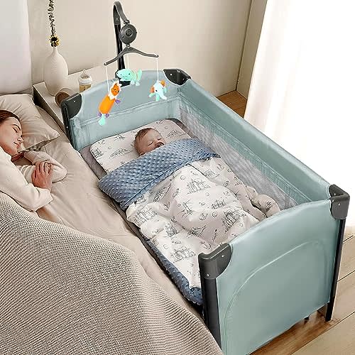 JOYMOR 3 in 1 Baby Bedside Bassinet, Bedside Sleeper with Mattress and Sheet, Convert to Bassinet, Playpen, Foldable Travel Baby Bed, with Toy, Wheels, Brake, Carry Bag