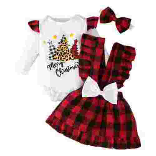 Odeerbi Baby Girls Outfits Christmas Jumpsuit Cotton Romper with Plaid Ruffle Suspender Skirt Set Long Sleeve Bodysuit Printed Short Dress Sets Infant Clothes Red
