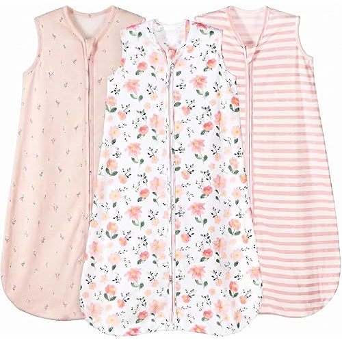 PHF Soft Baby Sleep Sack 6-12 Months 100% Cotton Baby Wearable Blanket, 2-Way Zipper 0.5 TOG Toddler Sleeping Bags 3 Pack, Comfy Sleep Bag for Baby Girls, Pink Floral (Medium)