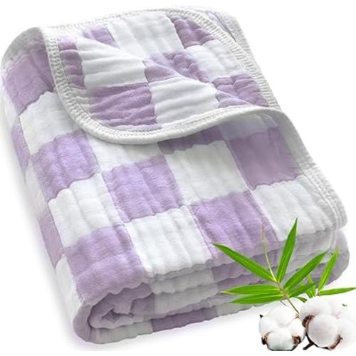 Muslin Swaddle Blankets, Ultra Soft Checkered Receiving Blankets for Baby Boys and Girls, 43 x 43 Inches Baby Swaddle Neutral Wrap 70% Cotton and 30% Rayon Purple