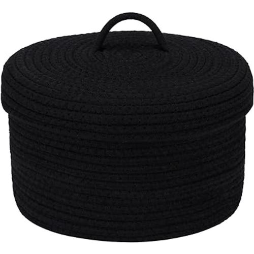 Sea Team Round Cotton Rope Storage Basket with Lid, Lidded Woven Storage Bin, Nursery Storage Container, Diaper Caddy, Baby Shower Basket, Box, Organizer, 11.8 x 11.8 x 6.7 Inches (Medium, Black) - Medium/Round