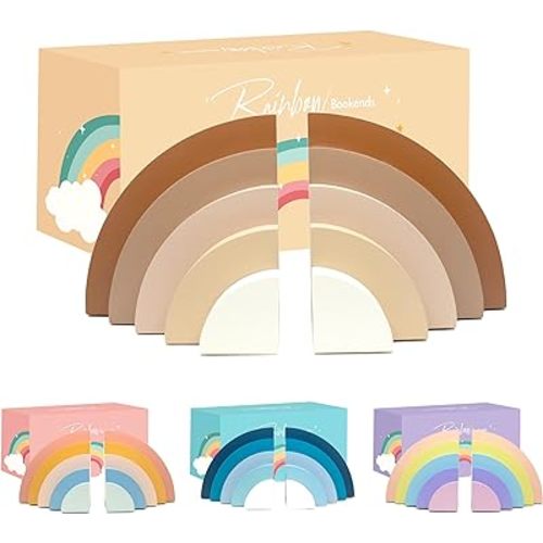 Decorably Light Wood Rainbow Book Ends for Kids Books - 1 Set Non-Skid Wooden Bookends for Kids