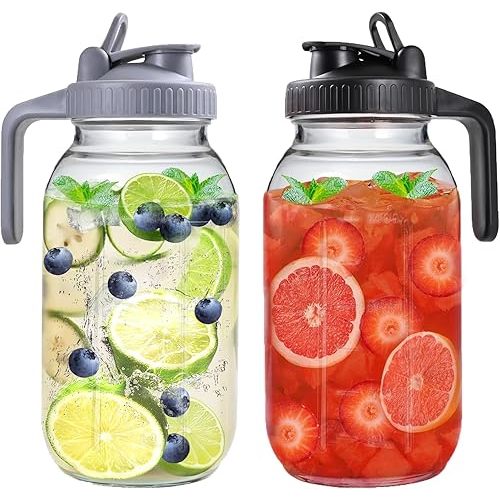 2 Pack 64 oz Glass Pitcher With Lid, Mason Jar Pitcher, 2 Quart Breast Milk Pitcher Jug with Flip Cap Leak Proof, Glass Sun Tea Jar for Ice Tea, Cold Brew Coffee, Breast Juices