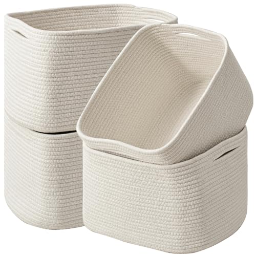 ICERZCZ Storage Baskets for Organizing & Shelves, Woven Cotton Rope Organization Bins for Dog Toys, Clothes, Books, Nursery Organizer, 15" Lx11''Wx9.5''H, (4 Packs) Off White