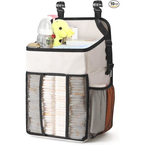 Maliton Hanging Diaper Organizer - Caddy for Changing Table, Crib, Pack n' Play - Stacker Holds 52+ Diapers - Nursery Organizer & Baby Shower Gifts - Beige