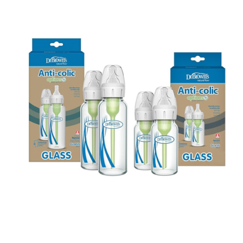 Dr. Brown's Natural Flow Anti-Colic Options+ Narrow Glass Baby Bottles, Made in The USA, BPA Free, 8oz and 4oz, 0m+, 4-Pack