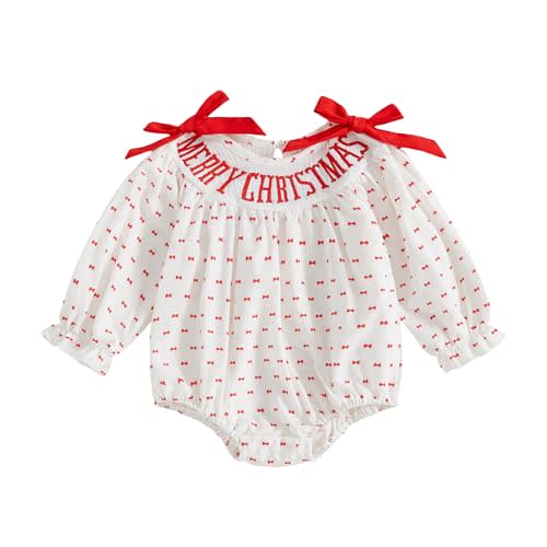 Vicaankue Newborn Infant Baby Girl Christmas Outfit Long Sleeve Smocked Bubble Romper Bow Ruffle Bodysuit Winter Clothes