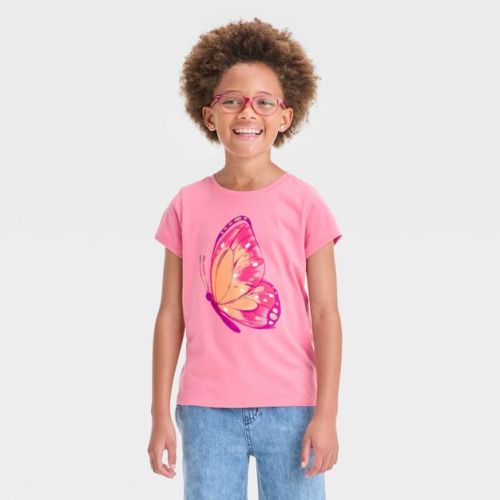 Girls' Short Sleeve Butterfly Graphic T-shirt - Cat & Jack™ Medium Pink L