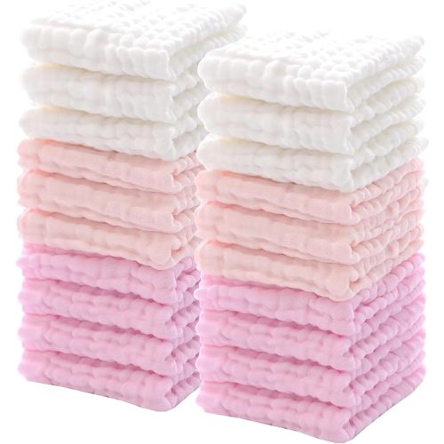 20 Pcs Baby Muslin Burp Cloth Cotton (Powder Pink, White, Pink)