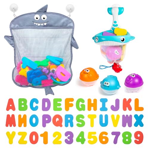 Comfylife Baby Bath Toy Organizer - Bath Toy Storage for Shower - Bathtub Toy Organizer Includes Foam Bath Toys (Numbers & Letters & Squirty Toys) + Extra Net That Doubles as a Toy