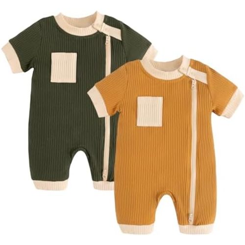 Volunboy Newborn Summer Clothes Unisex Baby Boy Girl 2 Pack Rompers Short Sleeve Two Way Zipper One-piece Jumpsuits Bodysuits
