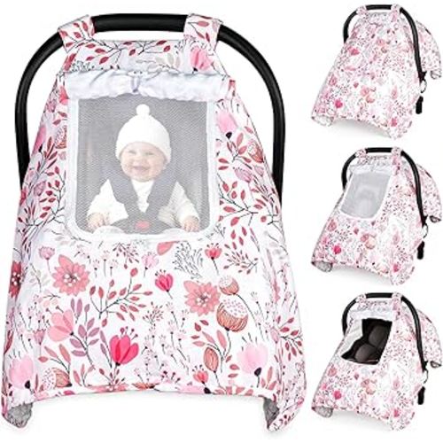 Car Seat Cover Baby, Carseat Covers Baby with 2 Layers Breathable Zipper Windows, Windproof Infant Car Seat Cover, Kick-Proof Baby Carrier Cover for Baby Girl Newborn Essentials