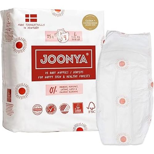 Joonya Baby Diapers, Size 4 L (15-31 lb) - 1 Bag of 25 - New Range - NonToxic, Eco-Friendly, Ultra Slim, Overnight Use - Made in Denmark