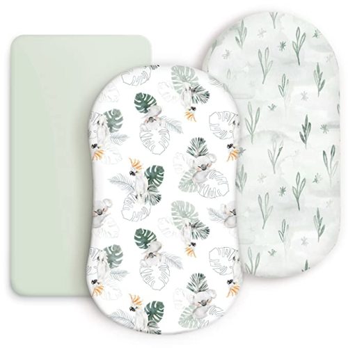Stretch Ultra Soft Bassinet Sheets 3 Pack, Universal Fit for Bassinets Baby Cradle Moses Basket Oval Rectangle Mattress Safe and Snug, Stylish Watercolor Animals for Baby, Mint Green