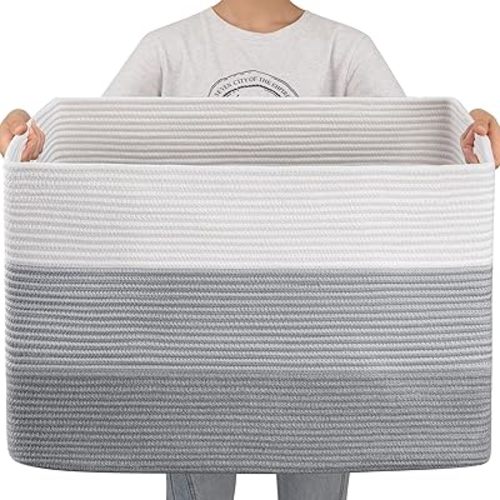 OIAHOMY 108L Super Large Blanket Basket, 25”x16”x16” Rectangle Woven Baskets for Storage, Cotton Rope Basket For Living Room, Toy Basket with Handle, Basket for Organizing - Gradient Grey