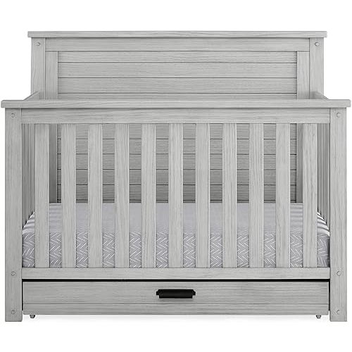 Delta Children Simmons Kids Caden 6-in-1 Convertible Crib with Trundle Drawer, Greenguard Gold Certified, Rustic Mist