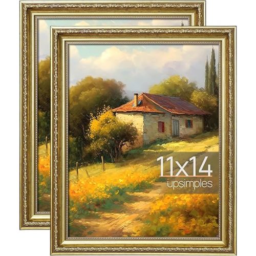 upsimples 11x14 Picture Frame with Real Glass, Ornate Vintage 11 x 14 Photo Frames for Wall Decor or Tabletop Display, Gold, 2 Pack