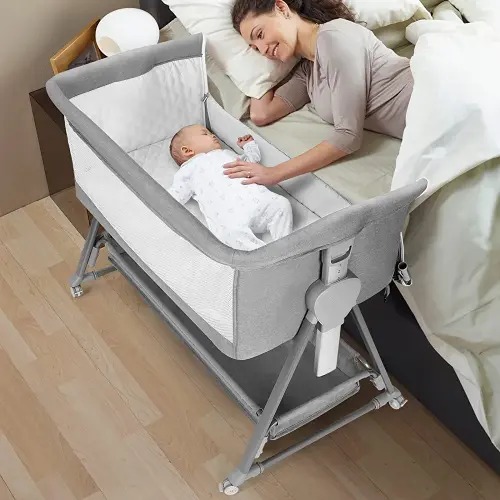 Cowiewie Bassinet Bedside Sleeper, Baby Bassinet with 7 Adjustable Height, Bedside Bassinets for Baby with Breathable Mesh Sides & Mattress, XL Storage, Easy Folding Crib (Pyramid Light Gray)