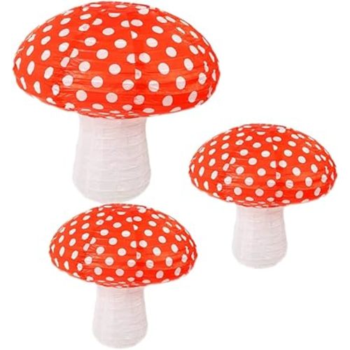 3Pcs Mushroom Paper Lanterns, 3D Mushroom Hanging Ornament for Wonderland Jungle Forest Themed Birthday Party Wedding Nursery Decor (Red, 3 Pack)