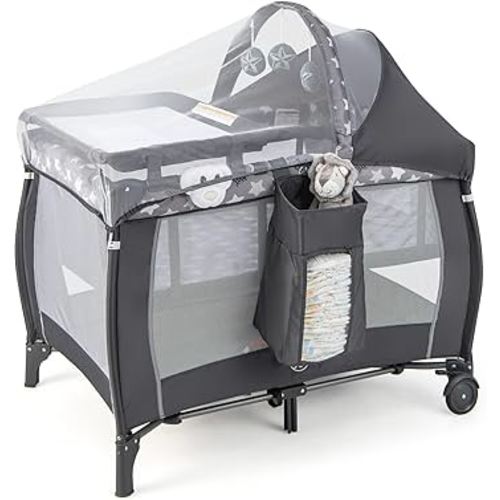 BABY JOY 4 in 1 Pack and Play, Portable Baby Playard with Bassinet, Adjustable Canopy, Changing Table, Lockable Wheels, Glowing Music Box, Travel Baby Crib Bassinet Bed from Newborn to Toddler