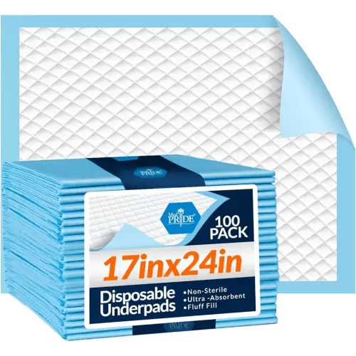 Medpride Disposable Underpads 17'' x 24'' (100-Count) Incontinence Pads, Bed Covers, Puppy Training | Thick, Super Absorbent Protection for Kids, Adults, Elderly | Liquid, Urine, Accidents