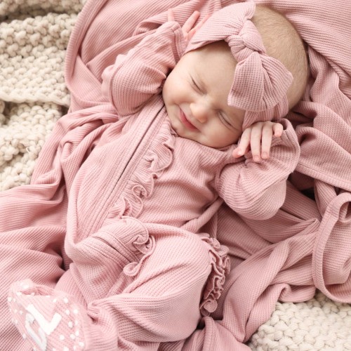 Vintage Rose Waffle Bamboo Zipper Ruffle Footie
