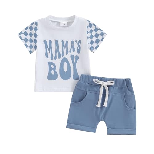 FOCUSNORM Toddler Boys Summer Outfits Mamas Boy Checkerboard Short Sleeve T-Shirts Tops and Elastic Waist Shorts Clothes Sets