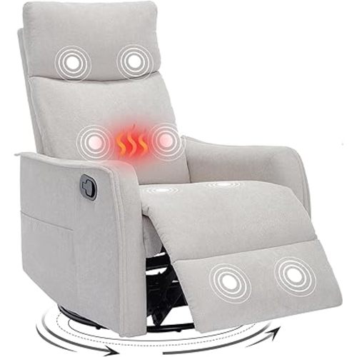 Swivel Rocker Recliner Chair, 360° Swivel Recliner with Heat and Massage, Rocker Recliner Nursery Glider Chair with Side Pockets for Living Room (Beige, Fabric)