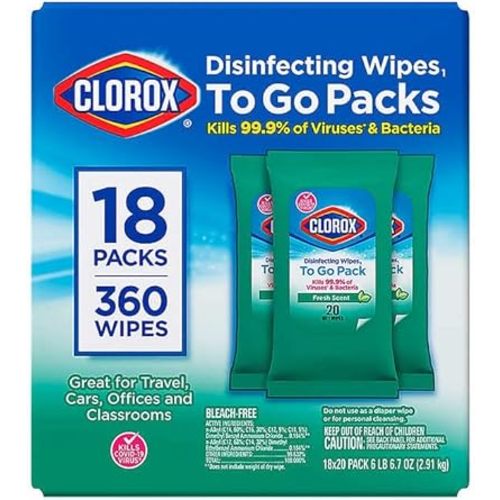 Clorox Disinfecting On The Go Travel Wipes, Fresh Scent, 20 Count, Pack of 18-360 Wipes Total