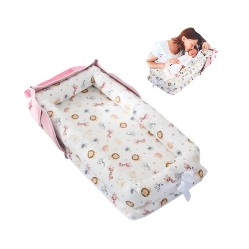 Baby Lounger with Strap,Baby Lounger for Newborn Portable,Baby Nest Cosleeping for Baby in Bed Adjustable Size & Inner Zipper Lengthen Space to 24 Months(Animal World Pink)