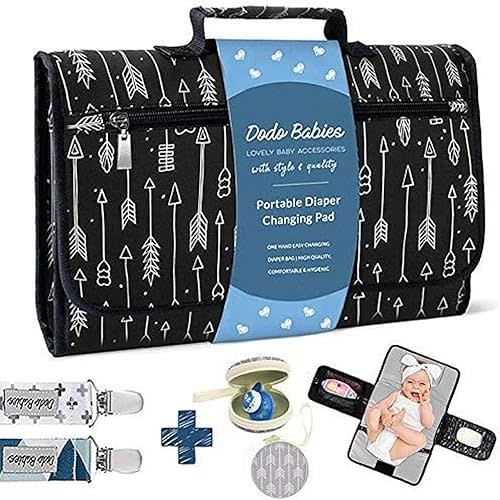 Dodo Babies Portable Diaper Changing Pad Set - Portable Waterproof Changing Mat with Memory Foam Head Pillow and Zip Storage Plus 2 Pacifier Clips and Pacifier Case