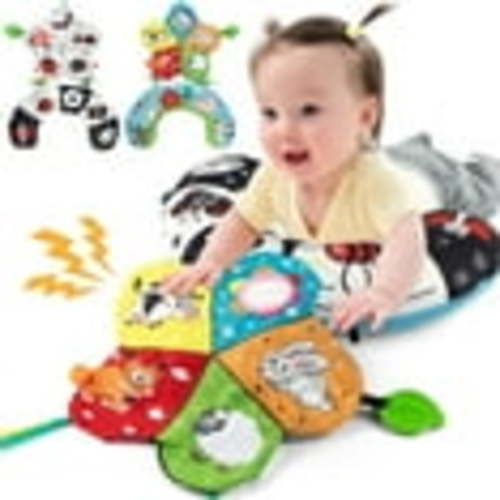 SYNARRY Tummy Time Pillow with Crinkle Mat & Teethers, High Contrast Montessori Toy for Crawling Infants 0-6 Months