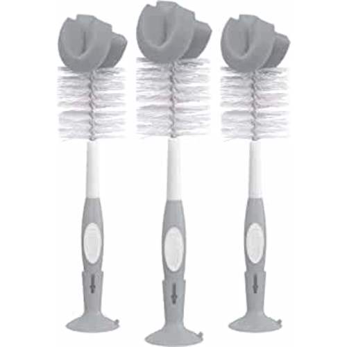 Dr. Brown's Reusable Sponge Baby Bottle Cleaning Brush Set with Suction Cup Stand, Scrubber and Nipple Cleaner, Gray, 3 Pack