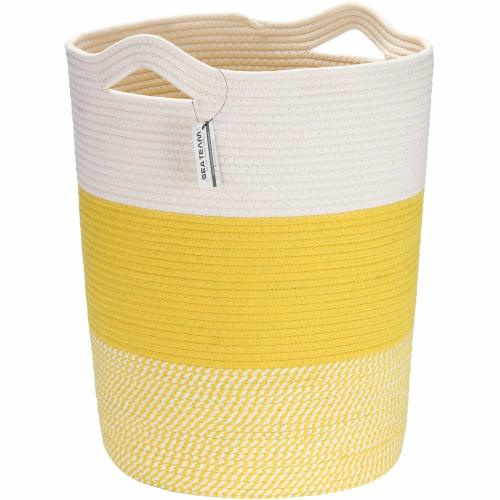 Sea Team Large Size Cotton Rope Woven Storage Basket with Handles, Laundry Hamper, Fabric Bucket, Drum, Clothes Toys Organizer for Kid's Room, 20 x 14 inches, Round Open Design, White & Mottled Yellow