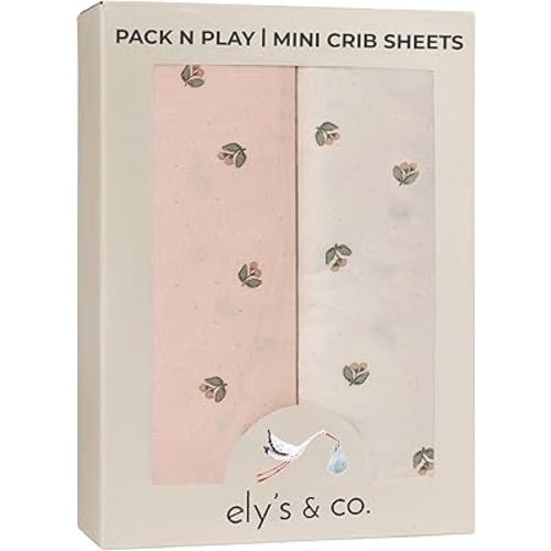 Ely’s & Co. Pack and Play Sheets, for Mini/Portable Crib, 2 Pack Fitted Playpen Play Yard Sheet Set Compatible with Graco Pack n Play, for Baby Girls, 100% Cotton, Pink Vintage Floral, 38”x24”x5”