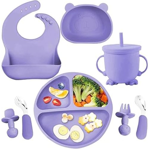 Baby Led Weaning Set, 8 Piece Silicone Feeding Place Setting, Purple, Includes Suction Divided Plate, Bowl, Spoon, Fork, Adjustable Bib for 6+ Months