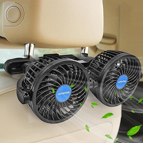 AOWOSA Car Fan for Backseat Auto 12V Electric Cooling Fan Portable Car Seat Headrest for Sedan SUV RV Boat, with 360° Rotatable Dual Head, Stepless Speed Regulation, Cigarette Lighter Plug