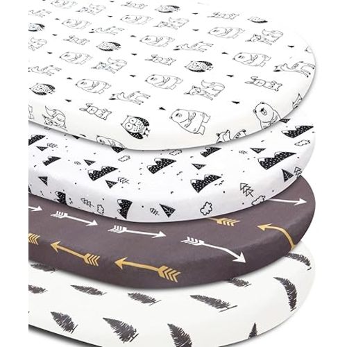 4 Pack Bassinet Sheets Woodland Forest Animals Wood Neutral Unisex Fitted Baby Bassinet Sheets Set for Standard Bassinets for Baby Boys or Girls