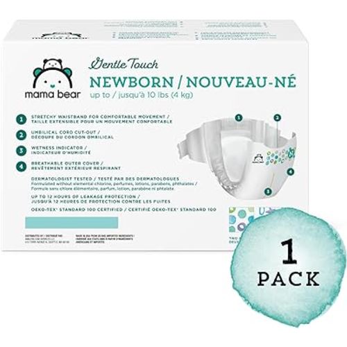 Amazon Brand - Mama Bear Gentle Touch Diapers, Hypoallergenic, Newborn, 120 Count (4 Pack of 30), White