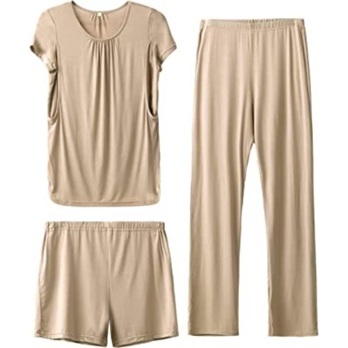 SUNNYBUY Womens Maternity Nursing Pajamas Set, Short Sleeve Breastfeeding Shirts,Pregnancy Shorts & Pants 3 Piece Nursing PJS