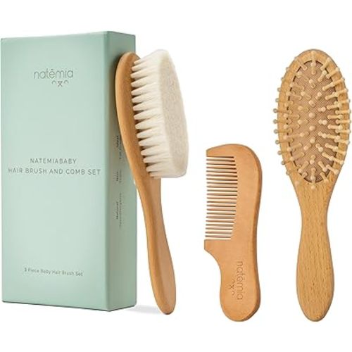 Natemia Baby Hair Brush and Comb Set for Newborns - Wooden Baby Hair Brush and Comb Set - Soft Bristle Hair Brush as Baby Registry Gift Set - Toddler Cradle Cap Brush - Baby Comb & Baby Brush Wooden