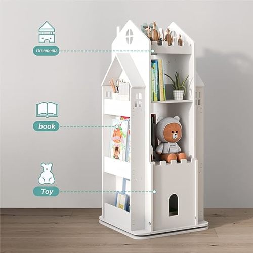 oxskk Revolving Bookcase, 360° Children Bookshelf, Multi-Functional Floor Standing Book Storage Rack Organizer for Kids Room Bedroom-White