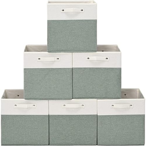 13 x 13 Inch Fine Linen Storage Bins with Handles,Fabric Cube Boxs,Collapsible Basket Organizers for Shelves for Home, Closet Drawers (White/Green-6 Pack)